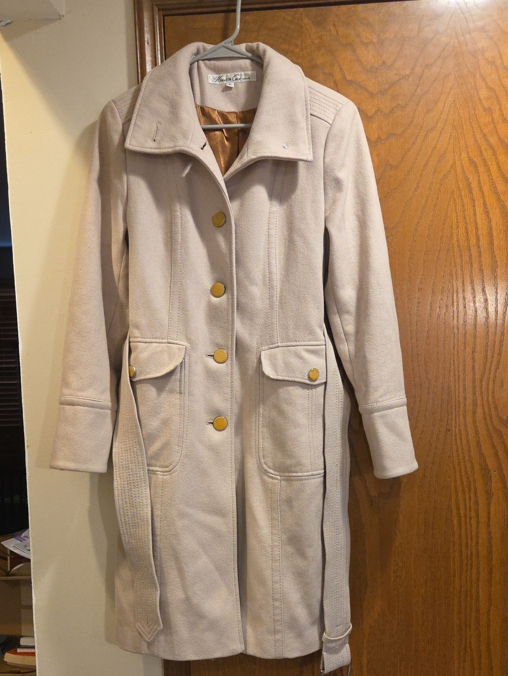 Kenneth Cole Light Cream Wool-blend Trench with Gold-Tone Buttons